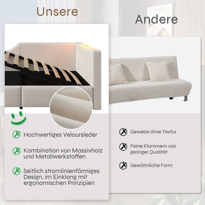 Lit banquette 90x200cm en velours beige avec rangement hydraulique, liseuse et USB-C