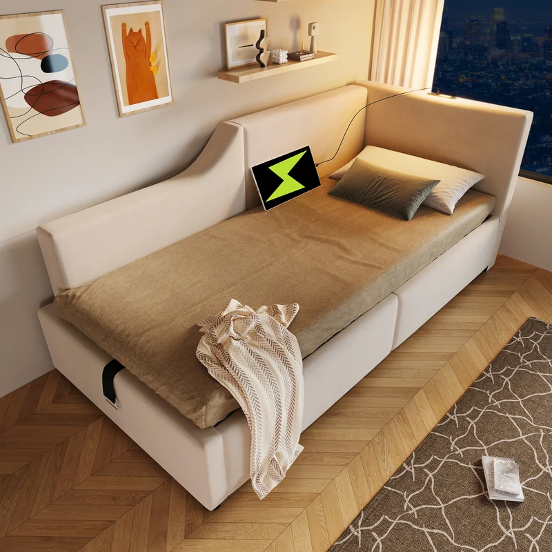 Lit banquette 90x200cm en velours beige avec rangement hydraulique, liseuse et USB-C