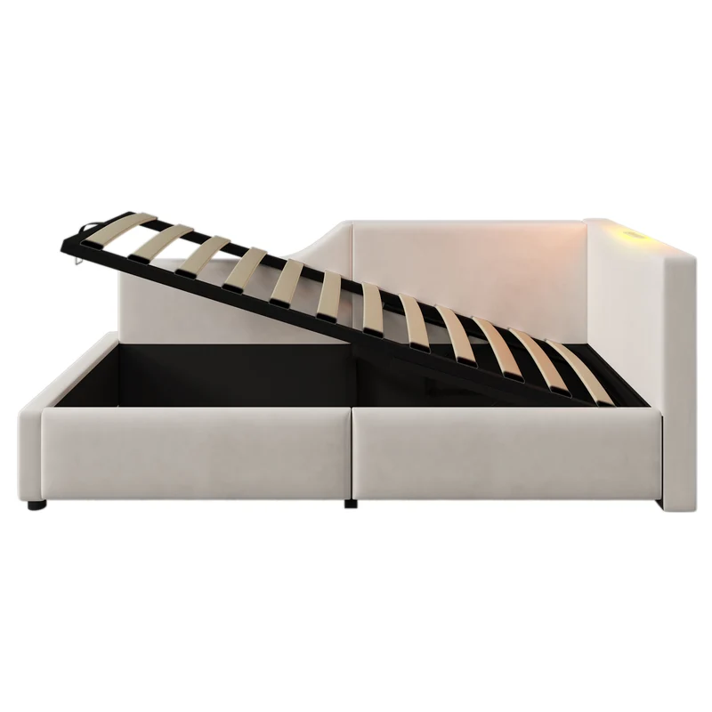 Lit banquette 90x200cm en velours beige avec rangement hydraulique, liseuse et USB-C