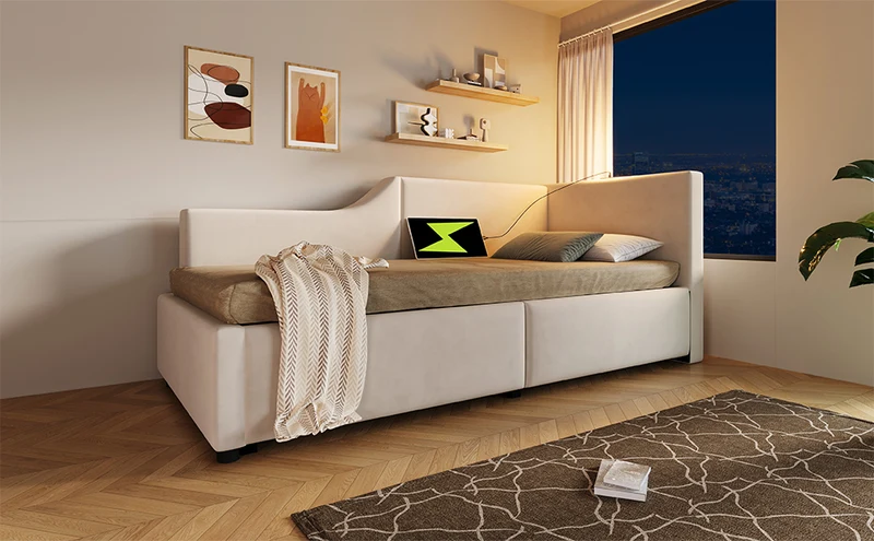 Lit banquette 90x200cm en velours beige avec rangement hydraulique, liseuse et USB-C