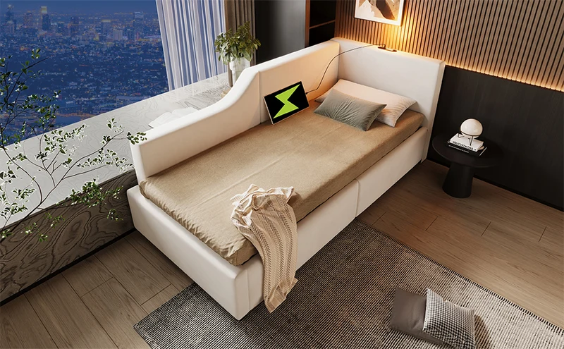 Lit banquette 90x200cm en velours beige avec rangement hydraulique, liseuse et USB-C