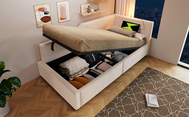 Lit banquette 90x200cm en velours beige avec rangement hydraulique, liseuse et USB-C