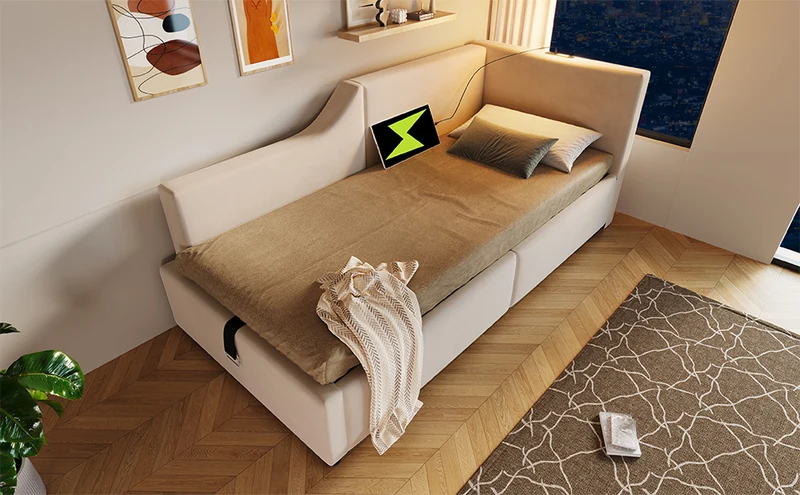 Lit banquette 90x200cm en velours beige avec rangement hydraulique, liseuse et USB-C