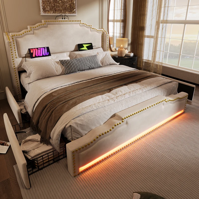 Lit double 140x200 en velours beige avec LED, 4 tiroirs, ports USB-C, tête de lit vintage, sans matelas