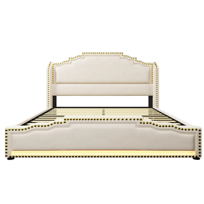 Lit double 140x200 en velours beige avec LED, 4 tiroirs, ports USB-C, tête de lit vintage, sans matelas