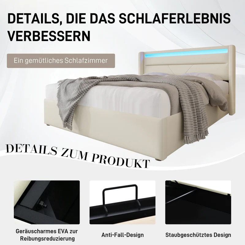 Lit coffre hydraulique 140x200cm blanc PU avec LED et télécommande – Design moderne, grand espace de rangement