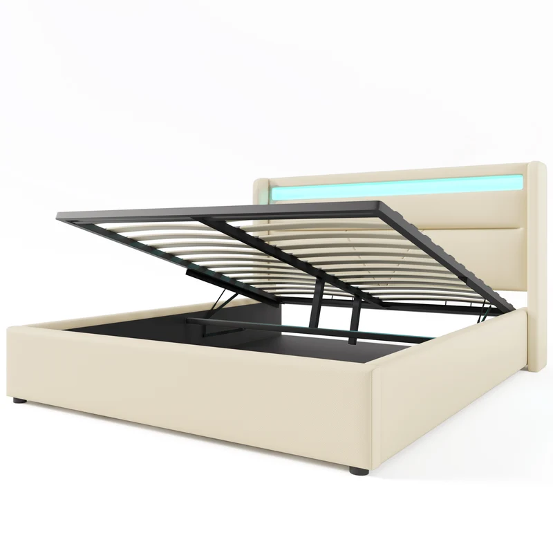 Lit coffre hydraulique 140x200cm blanc PU avec LED et télécommande – Design moderne, grand espace de rangement
