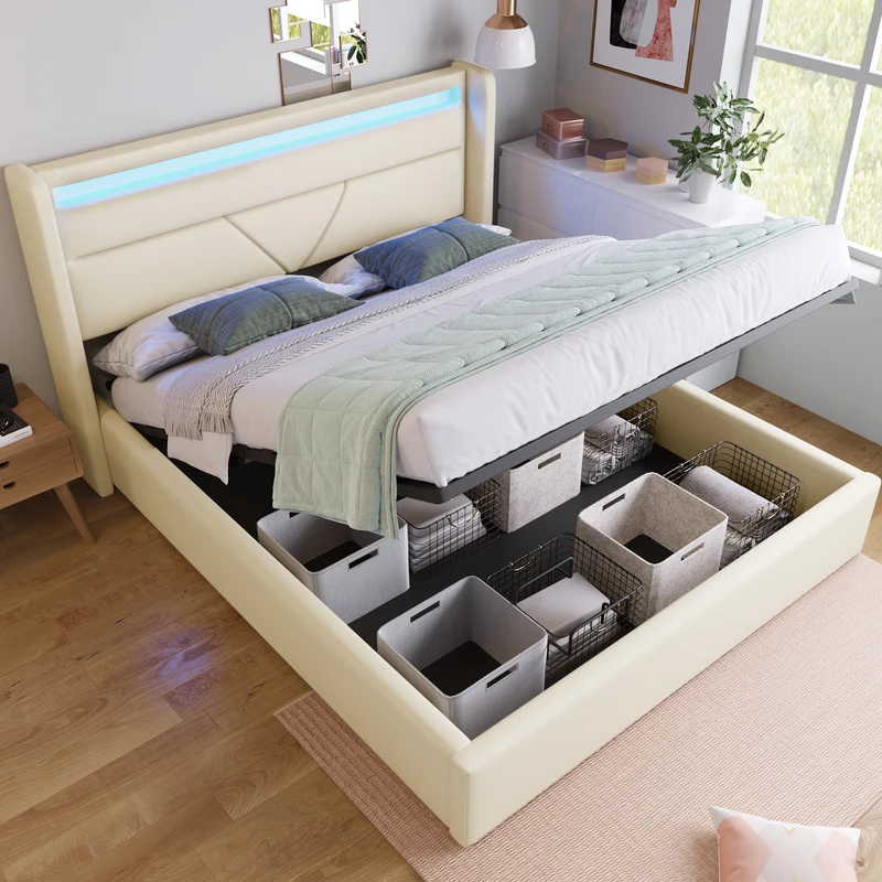 Lit coffre hydraulique 140x200cm blanc PU avec LED et télécommande – Design moderne, grand espace de rangement