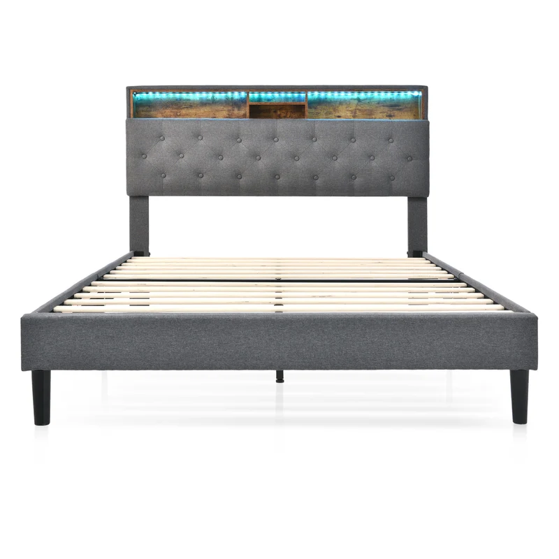 Lit double 140x200 cm avec rangement, tête de lit LED, bois massif, gris, style moderne