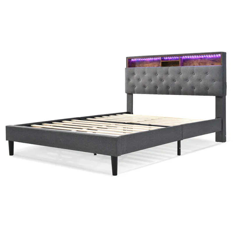 Lit double 140x200 cm avec rangement, tête de lit LED, bois massif, gris, style moderne