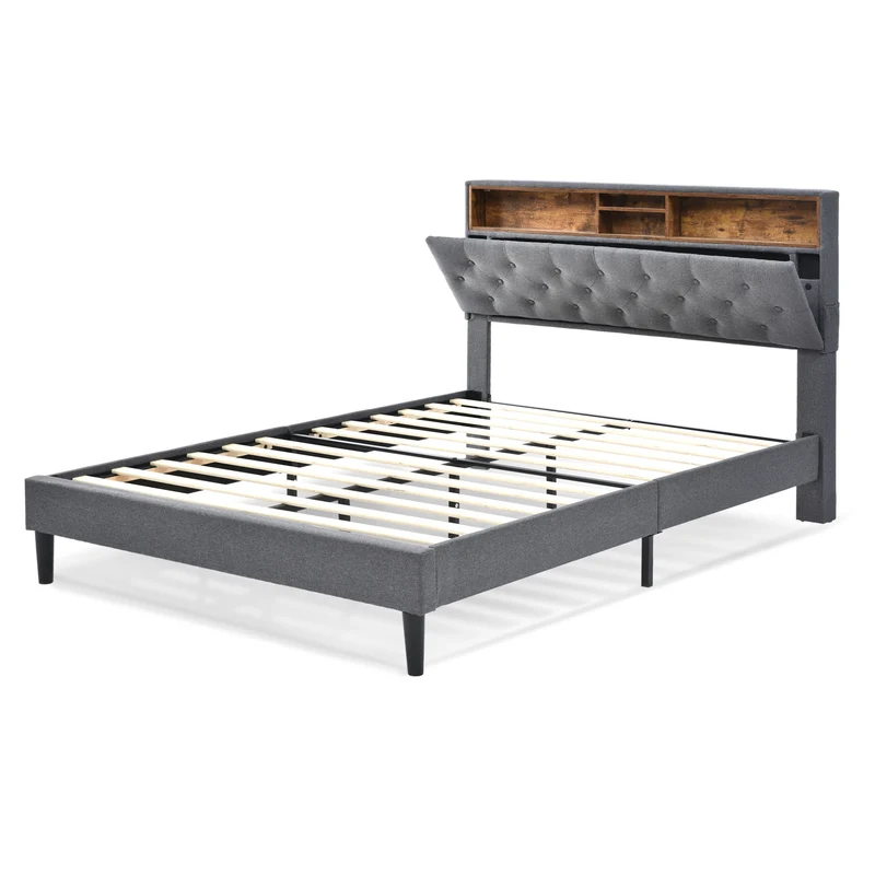 Lit double 140x200 cm avec rangement, tête de lit LED, bois massif, gris, style moderne
