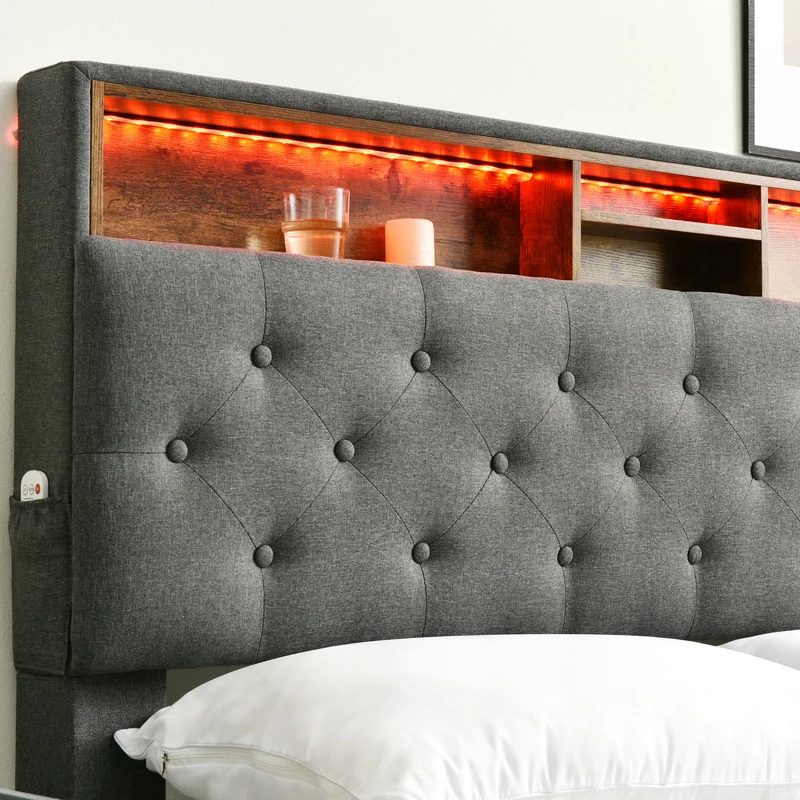 Lit double 140x200 cm avec rangement, tête de lit LED, bois massif, gris, style moderne