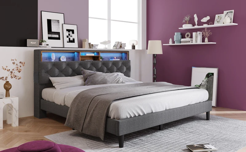Lit double 140x200 cm avec rangement, tête de lit LED, bois massif, gris, style moderne