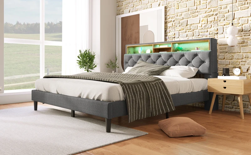 Lit double 140x200 cm avec rangement, tête de lit LED, bois massif, gris, style moderne