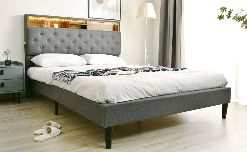 Lit double 140x200 cm avec rangement, tête de lit LED, bois massif, gris, style moderne
