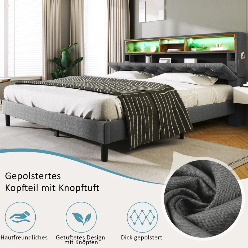 Lit double 140x200 cm avec rangement, tête de lit LED, bois massif, gris, style moderne