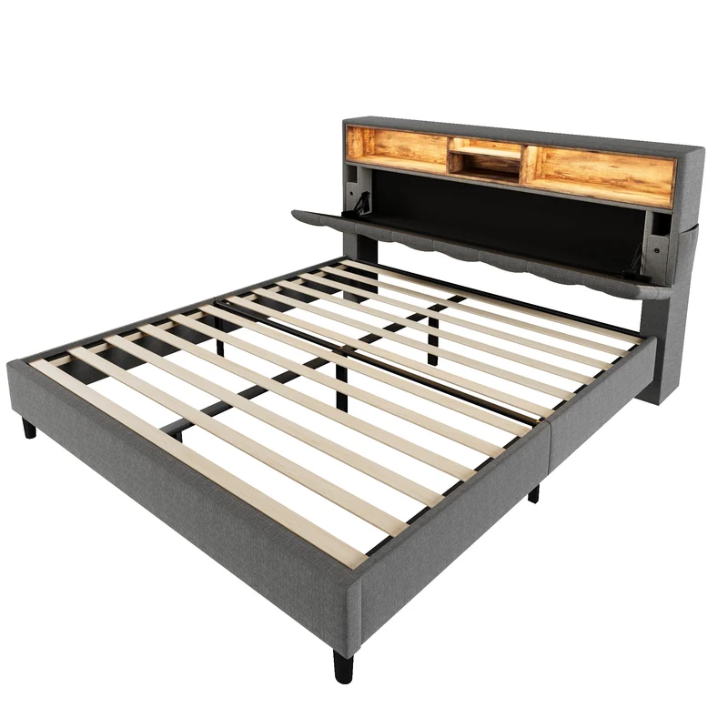 Lit double 140x200 cm avec rangement, tête de lit LED, bois massif, gris, style moderne