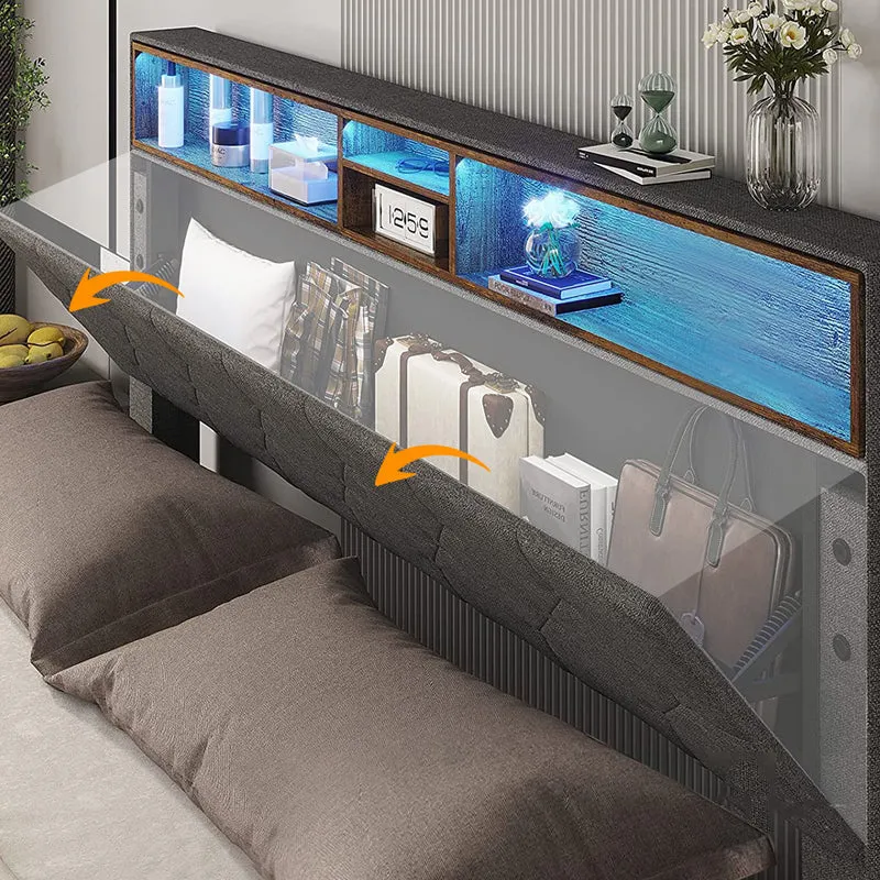 Lit double 140x200 cm avec rangement, tête de lit LED, bois massif, gris, style moderne