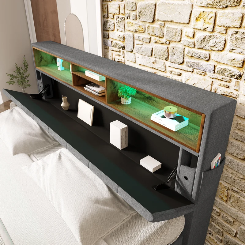 Lit double 140x200 cm avec rangement, tête de lit LED, bois massif, gris, style moderne