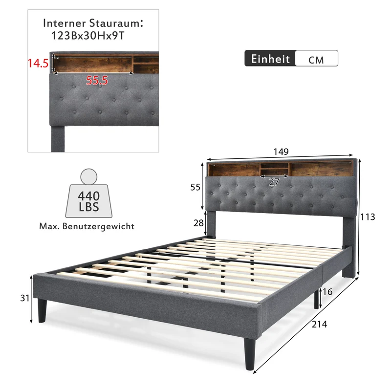 Lit double 140x200 cm avec rangement, tête de lit LED, bois massif, gris, style moderne