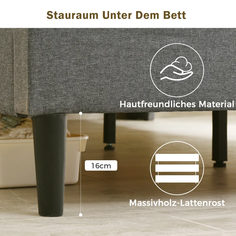 Lit double 140x200 cm avec rangement, tête de lit LED, bois massif, gris, style moderne