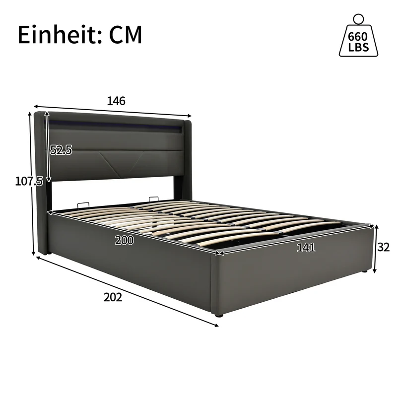 Lit coffre hydraulique 140x200cm gris avec LED et télécommande, cadre de lit rembourré moderne