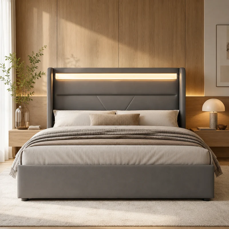 Lit coffre hydraulique 140x200cm gris avec LED et télécommande, cadre de lit rembourré moderne