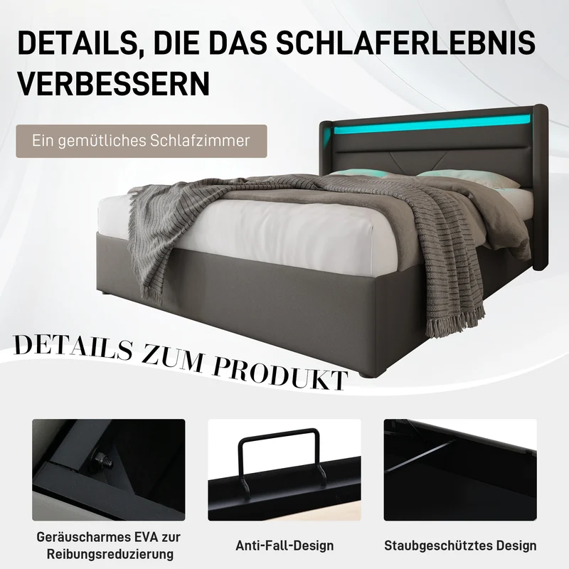 Lit coffre hydraulique 140x200cm gris avec LED et télécommande, cadre de lit rembourré moderne