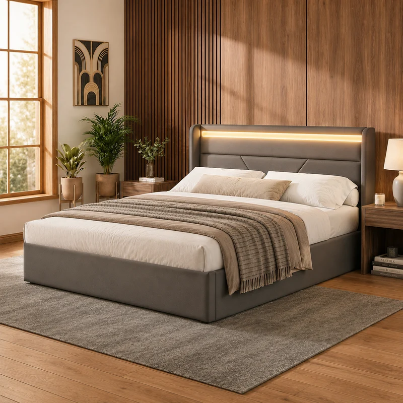 Lit coffre hydraulique 160x200cm gris avec LED et télécommande, cadre rembourré moderne