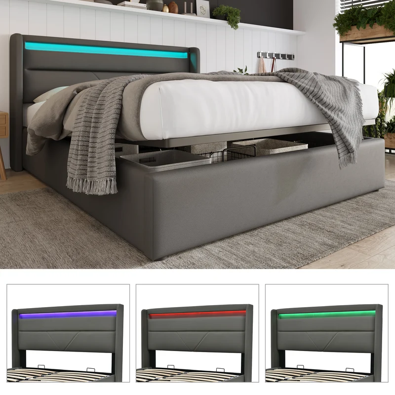 Lit coffre hydraulique 160x200cm gris avec LED et télécommande, cadre rembourré moderne
