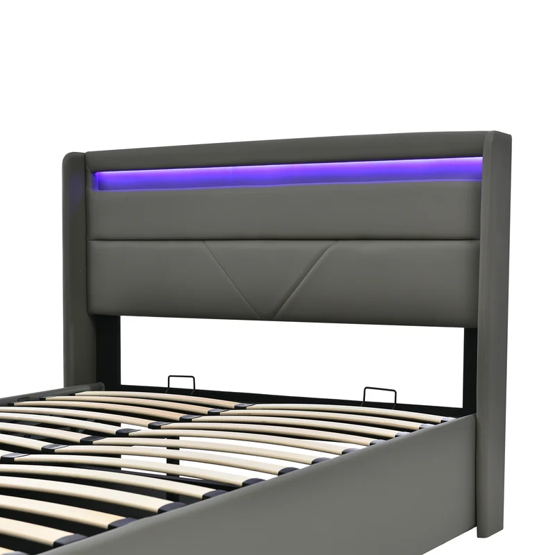 Lit coffre hydraulique 160x200cm gris avec LED et télécommande, cadre rembourré moderne