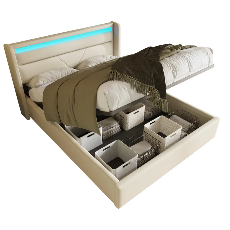 Lit coffre hydraulique 160x200cm blanc PU avec LED et télécommande, design moderne, grand espace de rangement