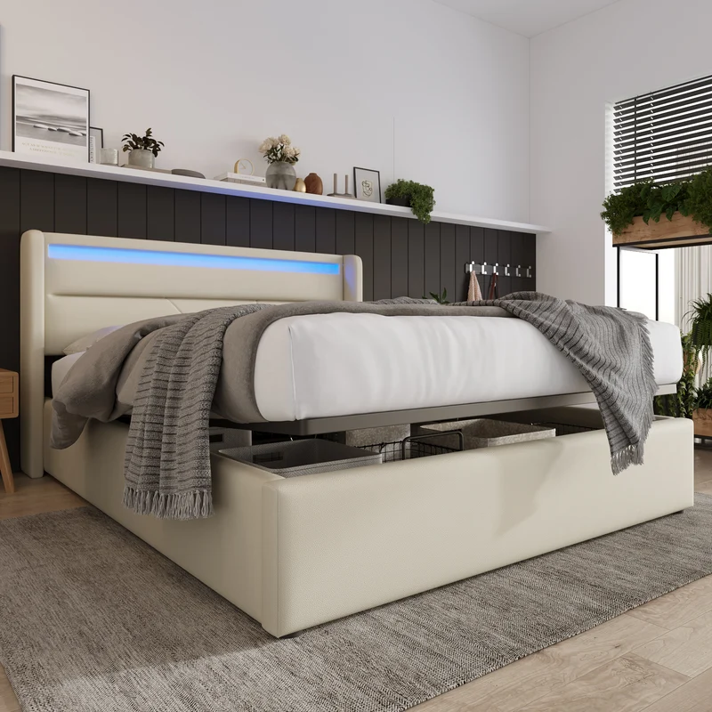 Lit coffre hydraulique 160x200cm blanc PU avec LED et télécommande, design moderne, grand espace de rangement