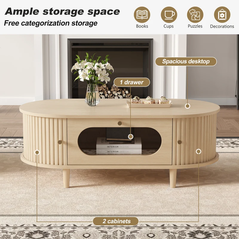Table basse effet bois chêne 1 tiroir & portes coulissantes RIFTVALTHYNATH