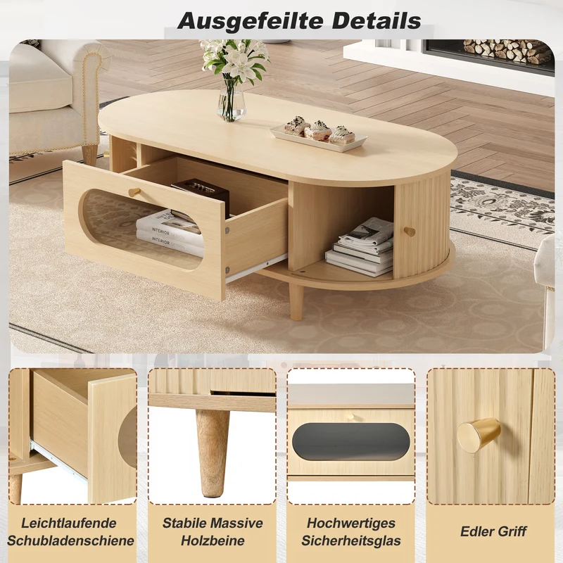 Table basse effet bois chêne 1 tiroir & portes coulissantes RIFTVALTHYNATH
