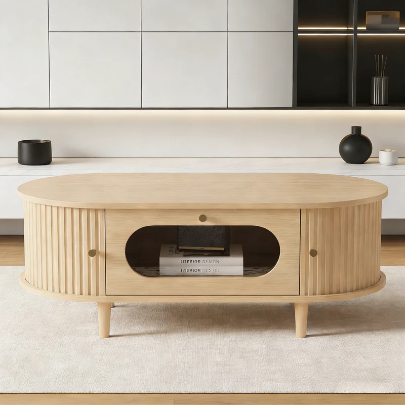 Table basse effet bois chêne 1 tiroir & portes coulissantes RIFTVALTHYNATH