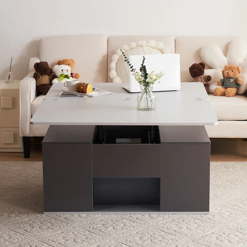 Table basse blanc et gris tablette relevable pliable, 2 portes 3 niches et 2 tiroirs 100x51cm RIFTKRYOSYNATH