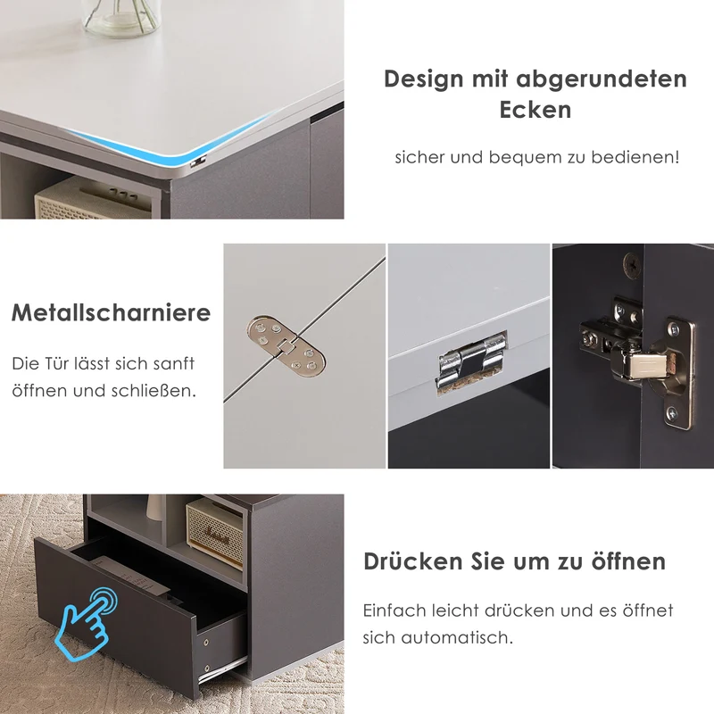 Table basse blanc et gris tablette relevable pliable, 2 portes 3 niches et 2 tiroirs 100x51cm RIFTKRYOSYNATH