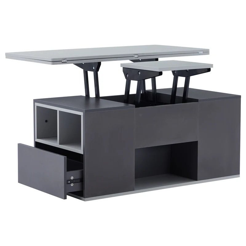 Table basse blanc et gris tablette relevable pliable, 2 portes 3 niches et 2 tiroirs 100x51cm RIFTKRYOSYNATH