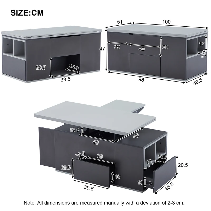 Table basse blanc et gris tablette relevable pliable, 2 portes 3 niches et 2 tiroirs 100x51cm RIFTKRYOSYNATH