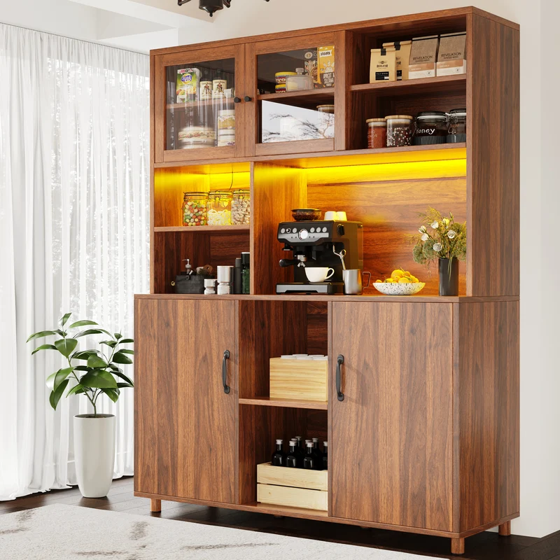 Buffet haut vaisselier effet bois noyer et vitrine en verre avec éclairage LED intelligent XYLEM