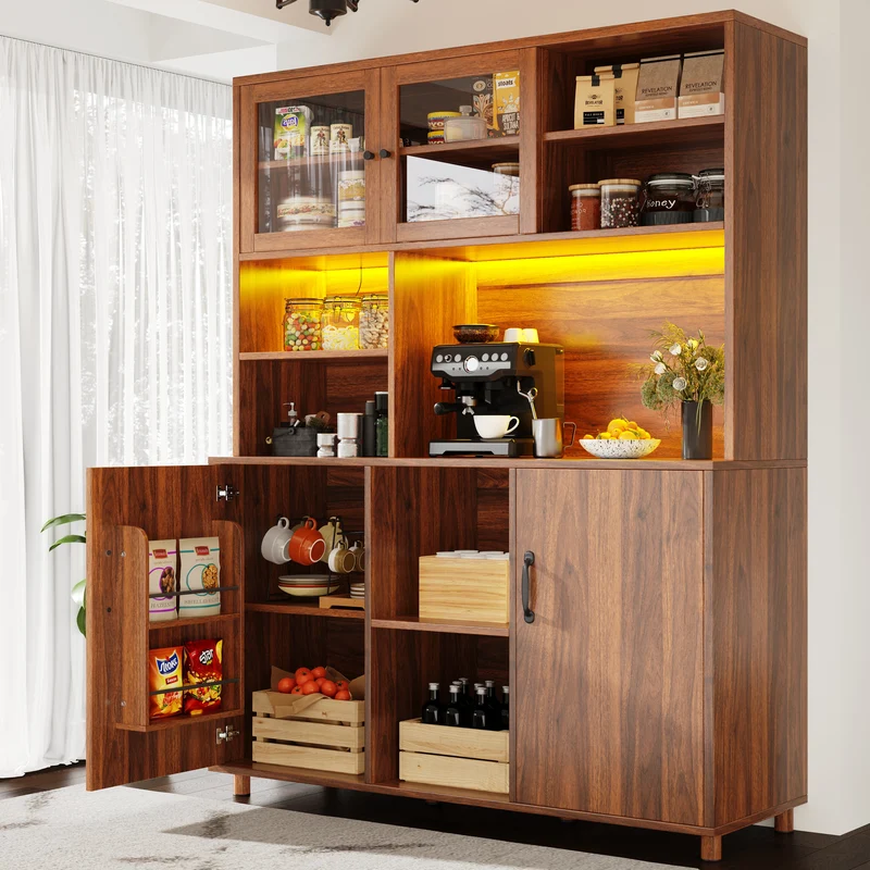 Buffet haut vaisselier effet bois noyer et vitrine en verre avec éclairage LED intelligent XYLEM