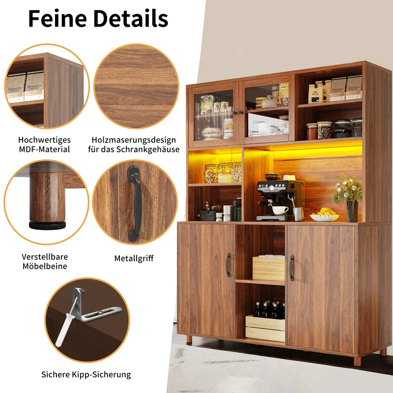 Buffet haut vaisselier effet bois noyer et vitrine en verre avec éclairage LED intelligent XYLEM