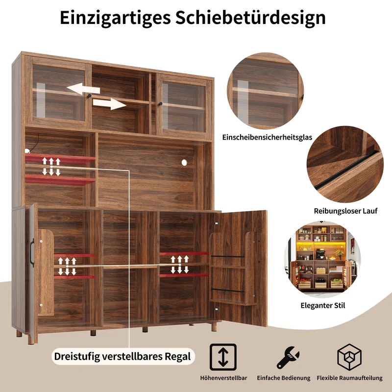Buffet haut vaisselier effet bois noyer et vitrine en verre avec éclairage LED intelligent XYLEM