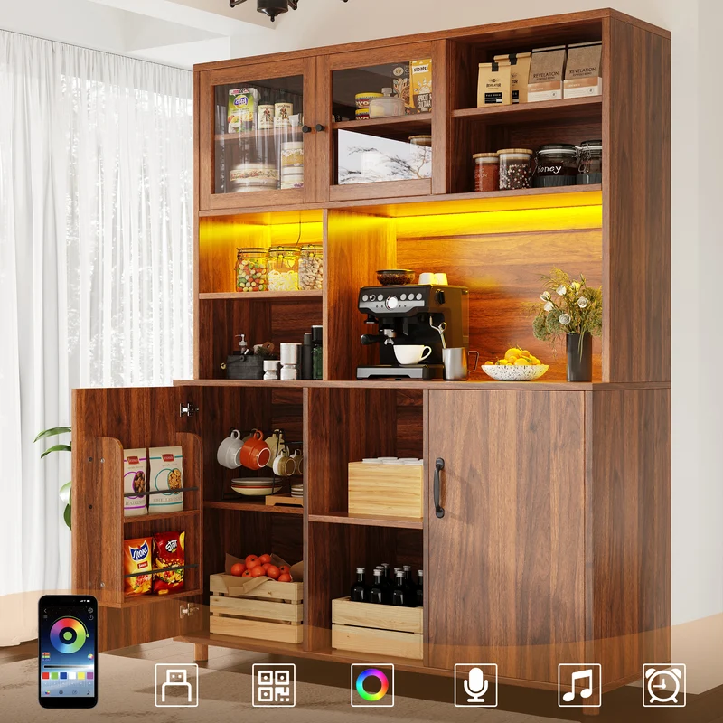 Buffet haut vaisselier effet bois noyer et vitrine en verre avec éclairage LED intelligent XYLEM