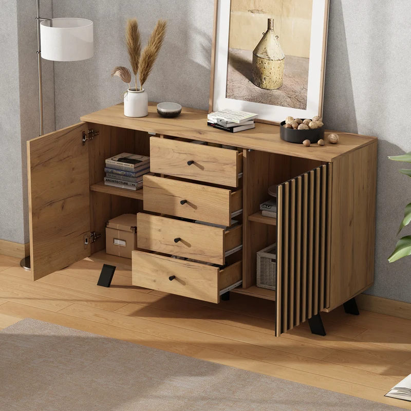 Buffet industriel effet bois naturel et lattes noirs avec 4 tiroirs CORBICUL