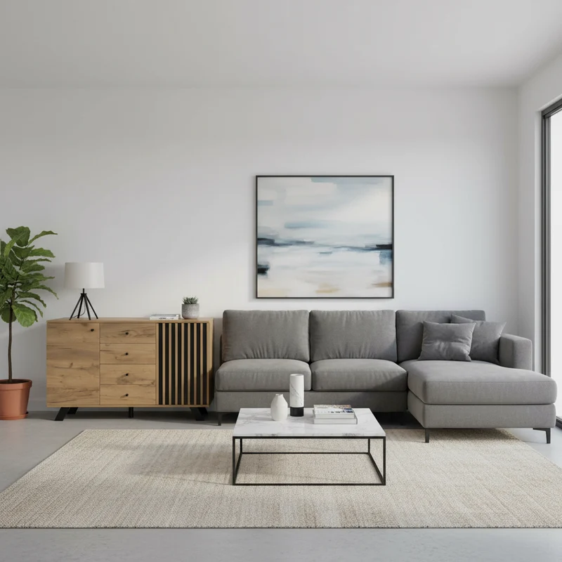 Buffet industriel effet bois naturel et lattes noirs avec 4 tiroirs CORBICUL