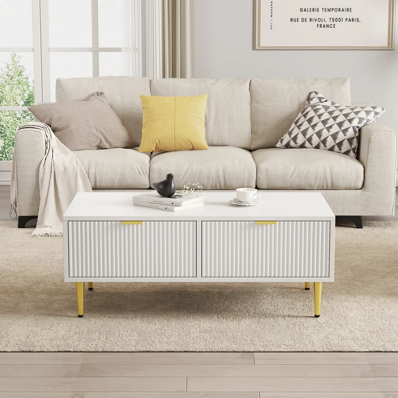 Table basse blanche moderne avec poignées et pieds dorés 2 tiroirs design à rayures verticales STRUX WHITE