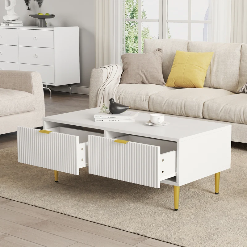 Table basse blanche moderne avec poignées et pieds dorés 2 tiroirs design à rayures verticales STRUX WHITE
