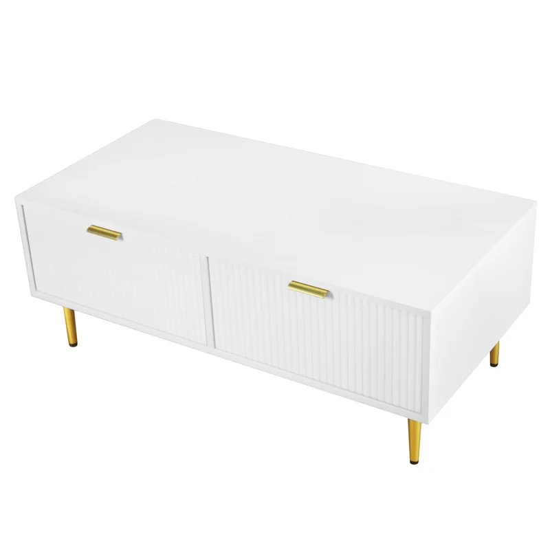 Table basse blanche moderne avec poignées et pieds dorés 2 tiroirs design à rayures verticales STRUX WHITE